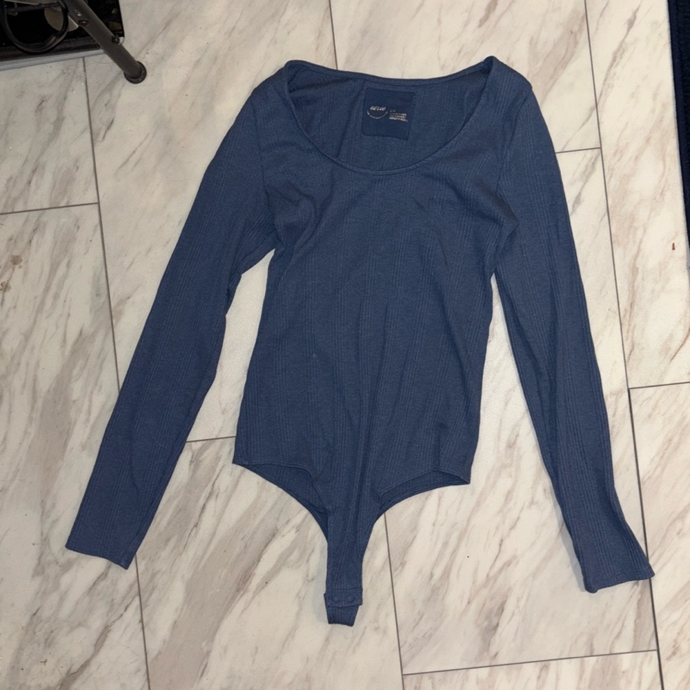 Aerie Dark Blue Ribbed Scoop Neck Long Sleeve Bodysuit